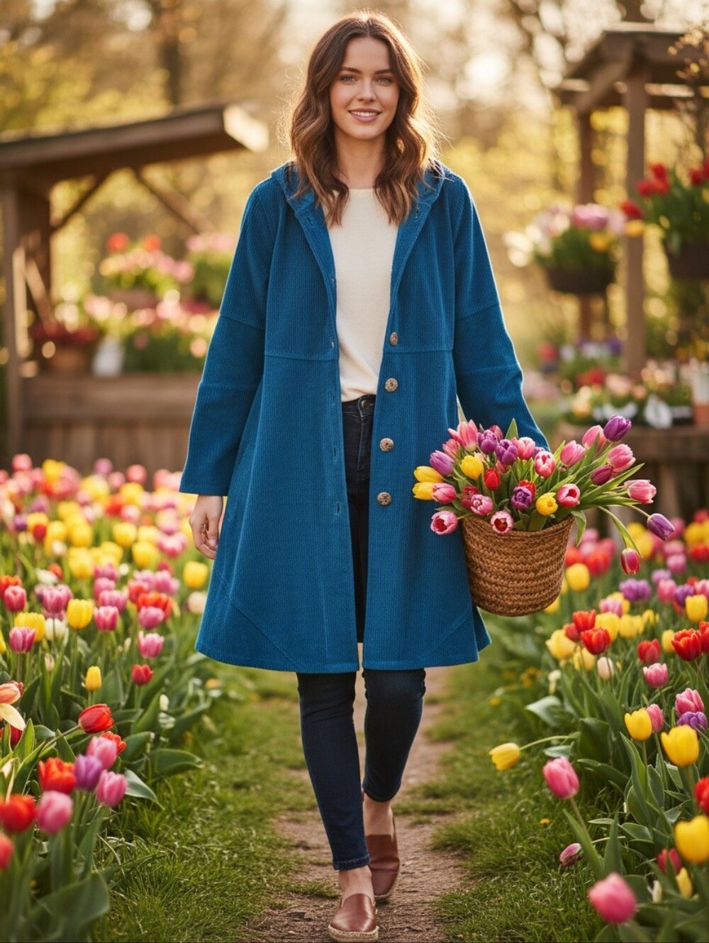 April Cornell Farmers Market Blue Wide Wale Corduroy Hooded Long Coat Large
